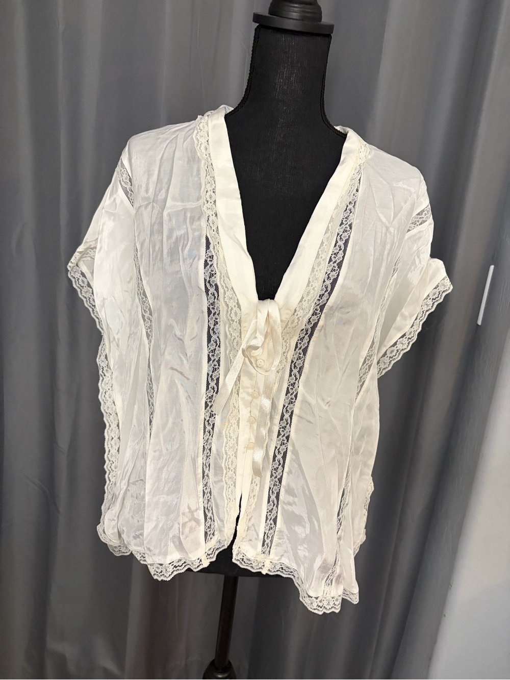 78. Free People Sheer Lace-Trim White Tie-Front Women's Top, Size L